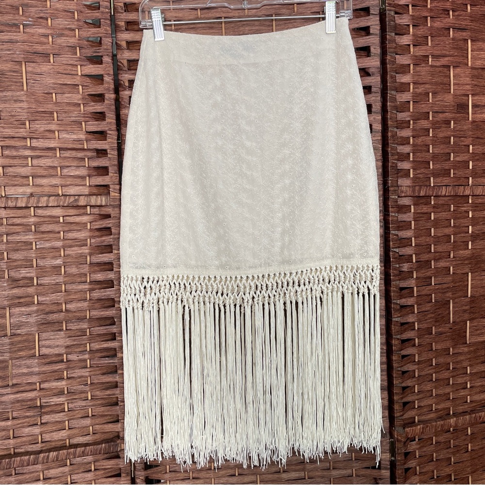 Lulu's Cream Midi Skirt with Fringe Hem, Boho Coastal Cowgirl Hippie, Size S. - Picture 1 of 8